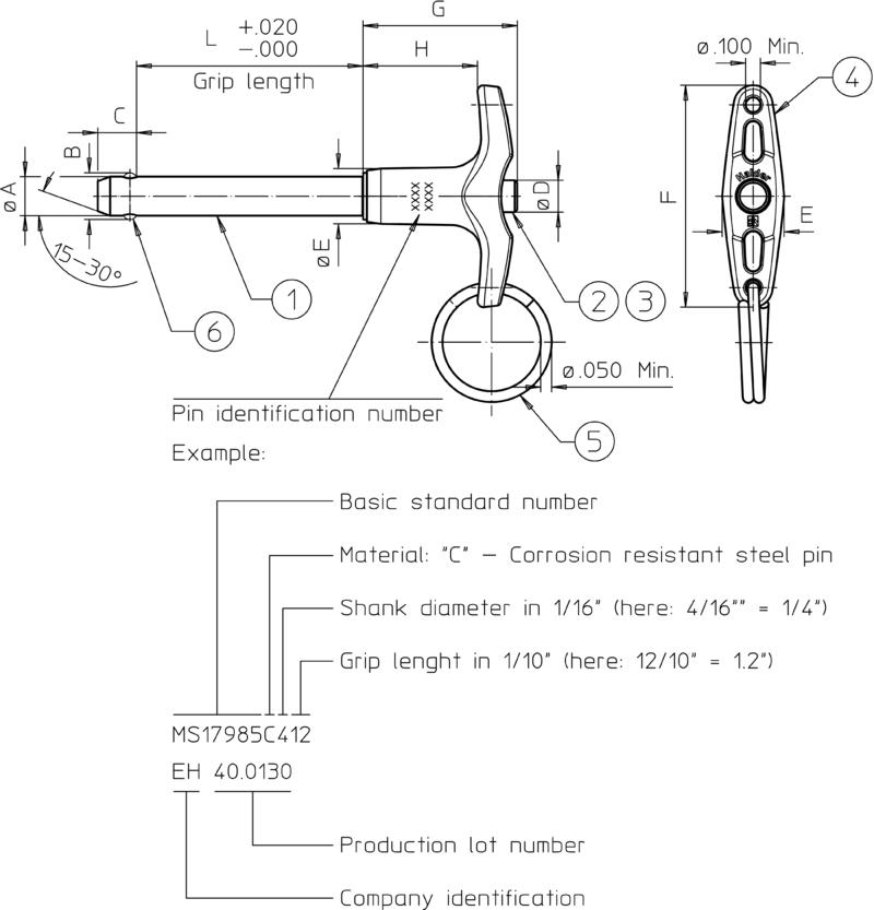 Quick Release Pin with Tee Handle - single acting - according to NASM / MS 17985_Drawings